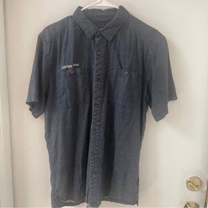 Patagonia Back Step Hemp Shirt Blue Climbing Dogfish Head Brewing Logo Size M